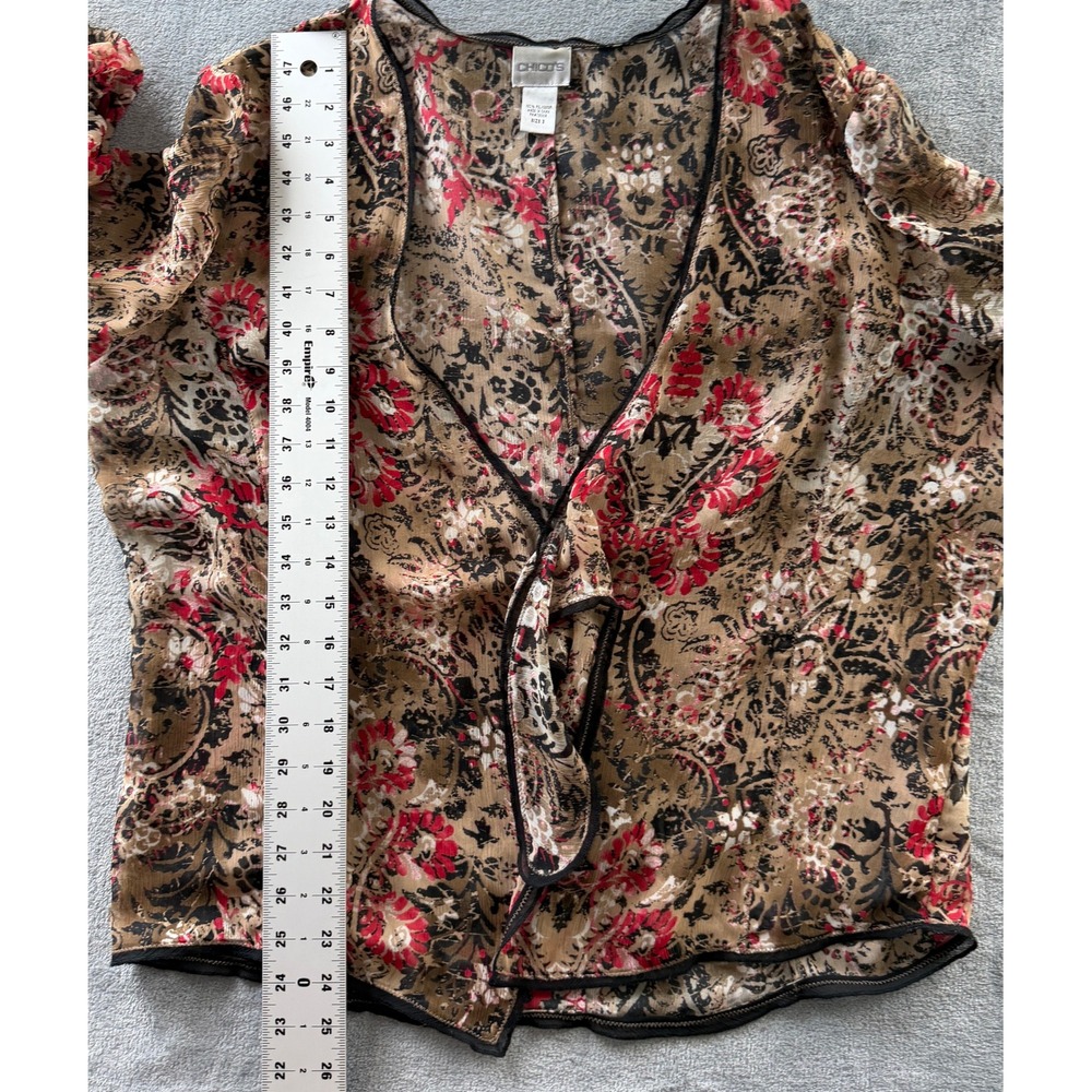 Chicos Red Black Paisley Floral Tie Front Sheer Cardigan Top Size 3 XL Office - Picture 6 of 7